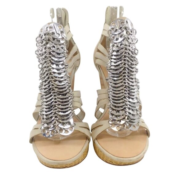 VTG RARE L.A.M.B. Leather Strappy Silver Coin Platform Sandals Heels | Mob Wife - Picture 2 of 15